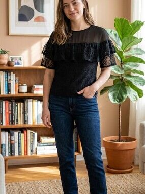 GUESS Black Lace Ruffle Blouse | Sheer Yoke | Women's Small